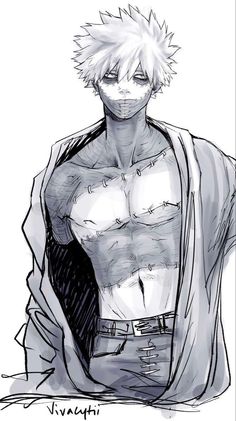 a drawing of a man with white hair and no shirt