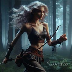 a woman holding a bow and arrow in the woods