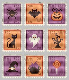 cross stitch pattern for halloween with pumpkins, ghost and other items on it's squares