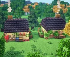 two small houses in the middle of a green field with trees and bushes around them