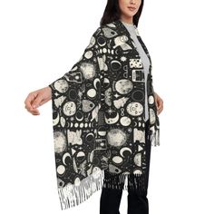 Whether you're attending a costume party, a witch-themed event, or simply want to add a touch of the occult to your everyday style, the Mystical Weaver scarf is the perfect choice. Embrace your inner witch and let this magical accessory weave its spell over your wardrobe. Prepare to be amazed by the luxuriously soft spun polyester material of our incredible scarves! Our generous scarves measure a remarkable 28 inches by 77 inches, providing you with ample coverage and endless styling possibiliti Witch Pattern, Inner Witch, Magical Accessories, Modern Witch, Tassel Scarf, Fall Scarves, Scarf Women, Warm Scarf, Shawl Wrap