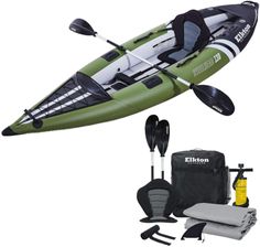 an inflatable kayak with paddles and accessories