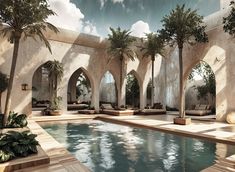 an indoor swimming pool surrounded by palm trees and stone arches with arched doorways on either side