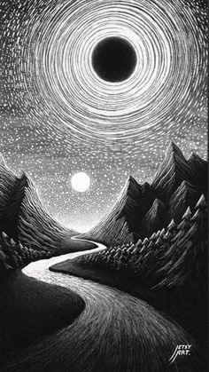 a black and white drawing of a dark hole in the night sky with stars above it