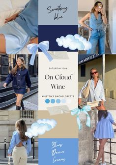 a collage of photos with clouds in the sky and people walking down the street