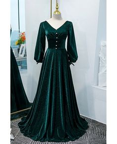 Get 10% off now! Buy elegant lantern sleeves dark green velvet formal dress at cheap price online. Free stable shipping and pro custom service since 2009. Long Velvet Dress With Sleeves, Forest Green Fairy Dress, Green Fantasy Gown, Green Witch Dress, Green Velvet Formal Dress, Green Velvet Dress Long, Green Fantasy Dress, Christmas Formal Dress, Green Victorian Dress