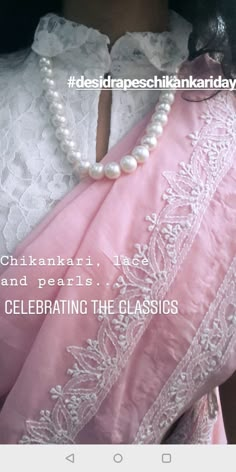 White Blouse And Saree Combination, Chikan Saree Blouse Design, Sarees With White Blouse, White Pearl Blouse For Saree, Chickenkari Blouse Designs Latest, White Chickenkari Saree, White Saree Pink Blouse, Pearl Necklace With Saree, Pink Saree With White Blouse