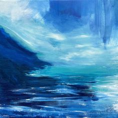 an abstract painting of blue and white waves in the ocean, with clouds above it