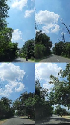 four different shots of the same person riding a motorcycle on a road with trees and clouds in the background