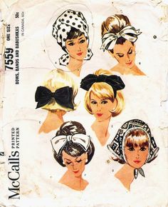 1960's hair bows, scarf and turban hats. Cabelo Pin Up, 1960s Hair, Headband Hat, Hippie Hair, Scarf Hair, Bow Headband Hairstyles, Motif Vintage