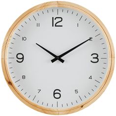 a wooden clock with black hands on a white background