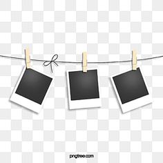 three polaroid frames hanging on a rope with clothes pins and string attached to them