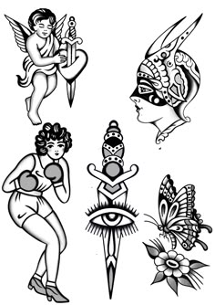 four different tattoo designs on white paper