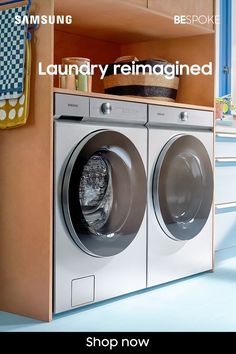 an advertisement for samsung's new dryer and washing machine, which is now available in the us