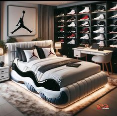 a bed room with a neatly made bed and lots of shoes on the shelves behind it