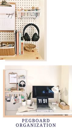 two pictures of a desk with headphones on it and the words pegboard organization below