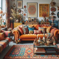 a living room filled with lots of colorful furniture and art on the wall above it