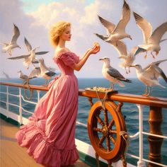 a painting of a woman on a ship feeding seagulls from her boat's deck