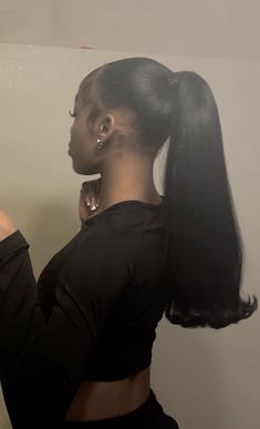 #midpony #ponytail #hairstyles #blackgirl #tattoo #hair Ponytail Inspo For Black Women, 2 Ponytails Hairstyles For Black Women, Weave Slick Back Ponytail, Blackgirl Ponytail Ideas, Slicked Ponytail Black Women, Two Weave Ponytail Hairstyles, Hair Ponytail Styles Natural, Natural Ponytail Black Women, Inside Ponytail Weave