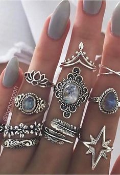 Vintage Carved Starry Gems 11 Piece Set - AnotherChill Midi Ring Set, Grunge Jewelry, Boho Crystal, Bohemian Crystal, Daisy Ring, Knuckle Ring, Silver Ring Set, Gem Ring, Knuckle Rings