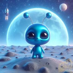 a blue alien standing on top of a moon covered field