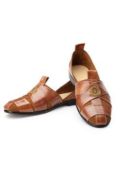 Tan leather slip-on shoes with gold crown hand embroidery, inside leather lining and a leather cushioned foot bed. - Aza Fashions Men Footwear, Leather Slip On Shoes, Leather Cushion, Gold Crown, Shoes Men, Leather Slip Ons, Aza Fashion, Tan Leather, Slip On Shoes