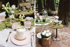 there are two cakes on the table and one is decorated with flowers, moss and candles