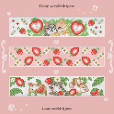 cross stitch pattern with flowers, hearts and rabbits on pink background for valentine's day