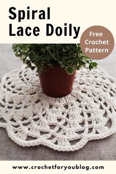 a potted plant sitting on top of a crochet doily with the words spiral lace doily