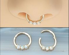 three different images of gold earrings with opals and pearls on the bottom one has a nose ring