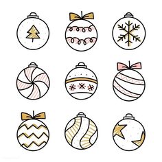 christmas ornaments drawn in line and colored on a white background with the words merry written below them