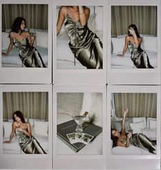 four pictures of a woman in silver dress laying on a bed