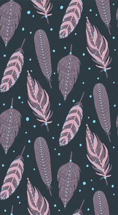 a pattern with feathers and dots on a black background, in shades of blue and pink