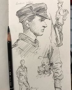 a pencil drawing of a man's uniform and hat, with the image of a soldier behind him