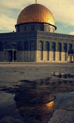 an old building with a dome on top and water puddles in the foreground