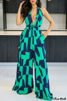 Olivia Mark - Elegant Monochrome Casual Print Bandage Backless Halter Jumpsuit Modern Womens Fashion, Monochrome Prints, Halter Jumpsuit, Backless Jumpsuit, Green Jumpsuit, White Jumpsuit, Black Jumpsuit