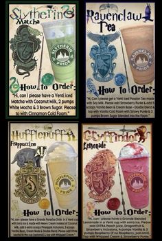 four starbucks cups with harry potter emblems on the front and back covers, all in different colors