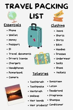 the travel packing list is shown in this graphic style, with pictures and text on it