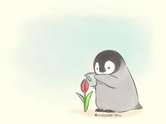 a penguin is drinking from a cup while holding a flower