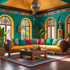 a living room filled with lots of colorful furniture