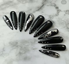 Black Nails Silver Foil, Simple Witchy Nails Coffin, Goth Engagement Nails, Occult Nail Art, Goth New Years Nails, Viking Nails Designs, Greek Mythology Nails, Gothic Nail Art Dark, Witch Nails Designs