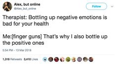 two tweets on twitter with one saying therapy botting up negative emotions is bad for your health