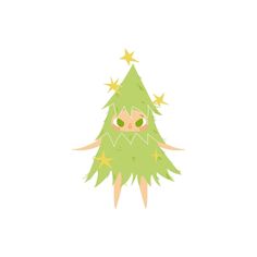 a green christmas tree with gold stars on it's head and eyes, sitting in front of a white background