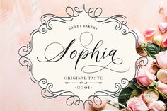 the logo for sweet bakery ophig is surrounded by pink roses and other sweets