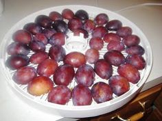 plums in a white bowl sitting on a counter