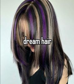 #purple #blonde #black #dye #dyed #hair #stripes #dreamhair #whisper Purple Roots And Black Hair, Black Blonde Purple Hair, Purple Blonde Black Hair, Pink Under Black Hair, Purple Blonde And Black Hair, Skunk Hair Purple, Purple Hair Streaks Blonde, Strip Dyed Hair, Layered Dyed Hair