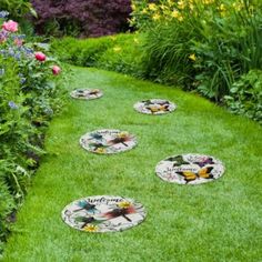 some flowers and plants are on the ground in front of green grass with stepping stones