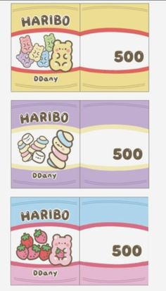 four different types of candy labels with the words harbo, 500 and 500