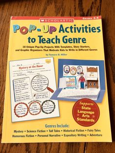 the front cover of pop - up activities to teach genre, which includes pictures and text