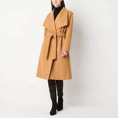 Add some chic outerwear to your closet with this women's Worthington coat. It's made from soft woven fabric with an oversized draped collar, long sleeves, side slip pockets, and a self-tie waist. Perfect for cooler weather, layer it over everything from dresses to leggings and a t-shirt.Features: BeltedClosure Type: ButtonFit: FittedNeckline: Draped NeckPockets: 2 Side Slip PocketsSleeve Length: Long SleeveWarmth Factor: MidweightApparel Length: 40 InchesOuterwear Length: LongFiber Content: 90% Polyester, 10% RayonFabric Description: WovenLining Material: PolyesterCoat Style: Wool CoatsCare: Dry Clean OnlyCountry of Origin: Imported Chic Outerwear, Draped Collar, Trench Coats Women, Cooler Weather, Trench Coats, Belts For Women, Woven Fabric, Trench Coat, Coats Jackets